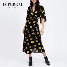 Casual Wrap Style Half Sleeve Printed Waisted Smart Sunflower Dress